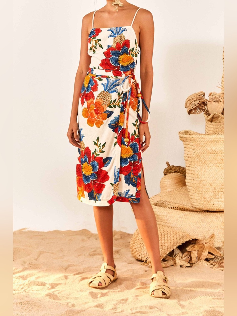 Farm Rio White Pineapple Flowers Midi Dress
